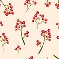 Seamless pattern. Christmas vibes. Holly branches with berries on a pink background. Festive textile print.