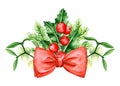 Holly Berry and Pine Brunches Border. Red Bow. Christmas Symbols.