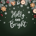 Holly and Bright Christmas greeting card, invitation. Decorative frame, banner. Hand drawn chalk fir branches