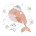 Holly jolly, card with pink baby whale in santa hat on white background. Vector illustration