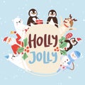 Holly Jolly cartoon animals and Christmas vector illustration. Santa claus, penguins, dog with horns, polar bear