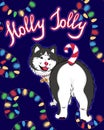 Holly jolly christmas greeting card with cute cartoon husky dog, funny candy cane tail, garland lights on night background, Royalty Free Stock Photo