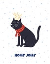 Holly Jolly Christmas greeting card with a cute cat in reindeer antler Royalty Free Stock Photo