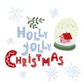 Holly Jolly Christmas. Hand drawn lettering. Snow globe Royalty Free Stock Photo