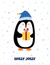 Holly Jolly greeting card with a cute penguin carrying Christmas gift