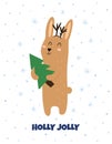 Holly Jolly greeting card with a cute rabbit carrying Christmas tree Royalty Free Stock Photo