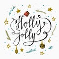 Holly Jolly- hand drawn typography poster card with branches, stars and christmas present. Hand lettering calligraphic inscription Royalty Free Stock Photo