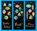 Holly Jolly, Merry Christmas, Noel lettering collection. Christmas tree branch colorful decoration, snowflakes stars