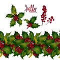 Holly leaves and berries, endless border Royalty Free Stock Photo