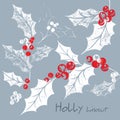 Holly leaves with red and white berries in rustic linocut scratchy style Royalty Free Stock Photo