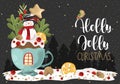 Holly merry Christmas greetings with festive Cup, twigs and sweets. Royalty Free Stock Photo