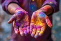 Holly\'s multi colored paints on her hands. Generative AI technology Royalty Free Stock Photo