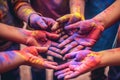Holly\'s multi colored paints on her hands. Generative AI technology Royalty Free Stock Photo