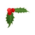 Holly with red berries and green leaves. Traditional Christmas symbol. Nature and botany theme. Flat vector icon