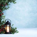 Holly timeless classic christmas background Lantern surrounded by greenery and red berries on a light blue background Royalty Free Stock Photo