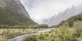 Hollyford river valley near Monkey creek under low clouds, Fiordland Park, New Zealand