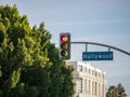 Hollywood Blvd street sign on traffic light at intersection at Los Angeles Royalty Free Stock Photo