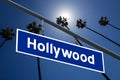 Hollywood California road sign on redlight with pam trees photo Royalty Free Stock Photo