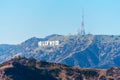 HOLLYWOOD, CALIFORNIA, USA - FEBRUARY 6, 2018: Hollywood Sign. World famous landmark and in Los Angeles. Copy space for text Royalty Free Stock Photo