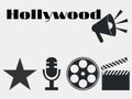 Hollywood film industry icons. movie clapper, microphone. Vector.