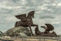 HOLLYWOOD, FLORIDA - APRIL 30, 2015: Sculpture in Miami. Pegasus and Dragon is a 100 foot tall statue of Pegasus defeating a drago