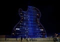 Hollywood, Florida, U.S.A - January 3, 2020 - Seminole Hard Rock Hotel and Casino illuminated with blue neon lights at night