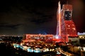 Hollywood, Florida, U.S.A - January 3, 2020 - Seminole Hard Rock Hotel and Casino illuminated with red and yellow neon lights at