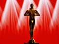 Hollywood Golden Oscar Academy award statue on red background with light rays. Success and victory concept.