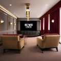 A Hollywood-inspired home theater with red velvet curtains, tiered seating, movie posters, and retro popcorn machines2 Royalty Free Stock Photo