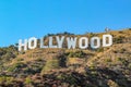 HOLLYWOOD sign on blue sky background. World famous landmark. USA. Los Angeles, California. Royalty Free Stock Photo