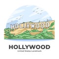 Hollywood United States Landmark Minimalist Cartoon Illustration