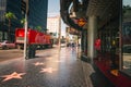 Hollywood Walk of Fame. Hard Rock Cafe, stars, tourists. Architecture, city life