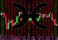 Holo HOT cryptocurrency. Background of blurry numbers and candlestick chart. Silhouettes of office workers