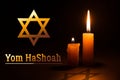 Holocaust Remembrance Day. Yom HaShoah. Bright Burning Candle and the star of David on a dark background.