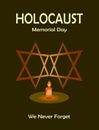 Holocaust remembrance memorial day illustration design, with 2 stars of david symbol and candle on the dark background