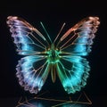 Hologram of a beautiful blue turquoise butterfly glows on a black background, close-up,