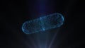 Hologram of blue particles in form pharmaceutical capsule isolated on black background with backlit. 3D rendering of