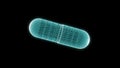 Hologram blue wireframe of pharmaceutical capsule isolated on black background with backlit. 3D rendering of medical