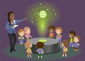 Hologram carbon atom physics teacher explains to children. Vector