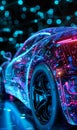 hologram of 3d model of electric car engineering, futuristic project and development of vehicle, transportation concept Royalty Free Stock Photo