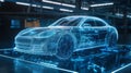 hologram of 3d model of electric car engineering, futuristic project and development of vehicle, transportation concept Royalty Free Stock Photo