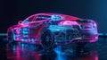 hologram of 3d model of electric car engineering, futuristic project and development of vehicle, transportation concept Royalty Free Stock Photo