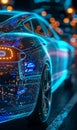 hologram of 3d model of electric car engineering, futuristic project and development of vehicle, transportation concept Royalty Free Stock Photo