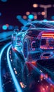 hologram of 3d model of electric car engineering, futuristic project and development of vehicle, transportation concept Royalty Free Stock Photo