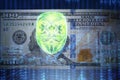 Hologram digital mask of a hacker on the background of dollars, identity theft. Concept of internet crime, cyber attack, hacking Royalty Free Stock Photo