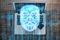 Hologram digital mask of a hacker on the background of a laptop, identity theft. Concept of internet crime, cyber attack, hacking Royalty Free Stock Photo