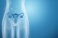 Hologram of the female organ of the uterus silhouette of the female body on a blue background. Ultrasound concept, gynecology,