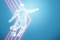 Hologram football player on a blue background. The concept of sports betting, football, gambling, online broadcast of football. 3D