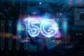 Hologram 5G creative mobile technology background. 5G network concept, high speed mobile internet, new generation networks. Mixed