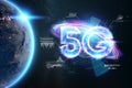 Hologram 5G creative mobile technology background. 5G network concept, high speed mobile internet, new generation networks. Mixed